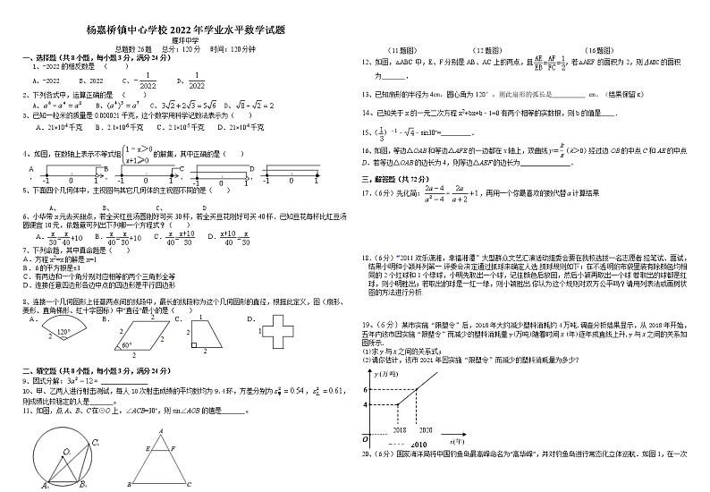 2022年湖南省湘潭县杨嘉桥雁坪中学初中学业水平模拟数学试题01