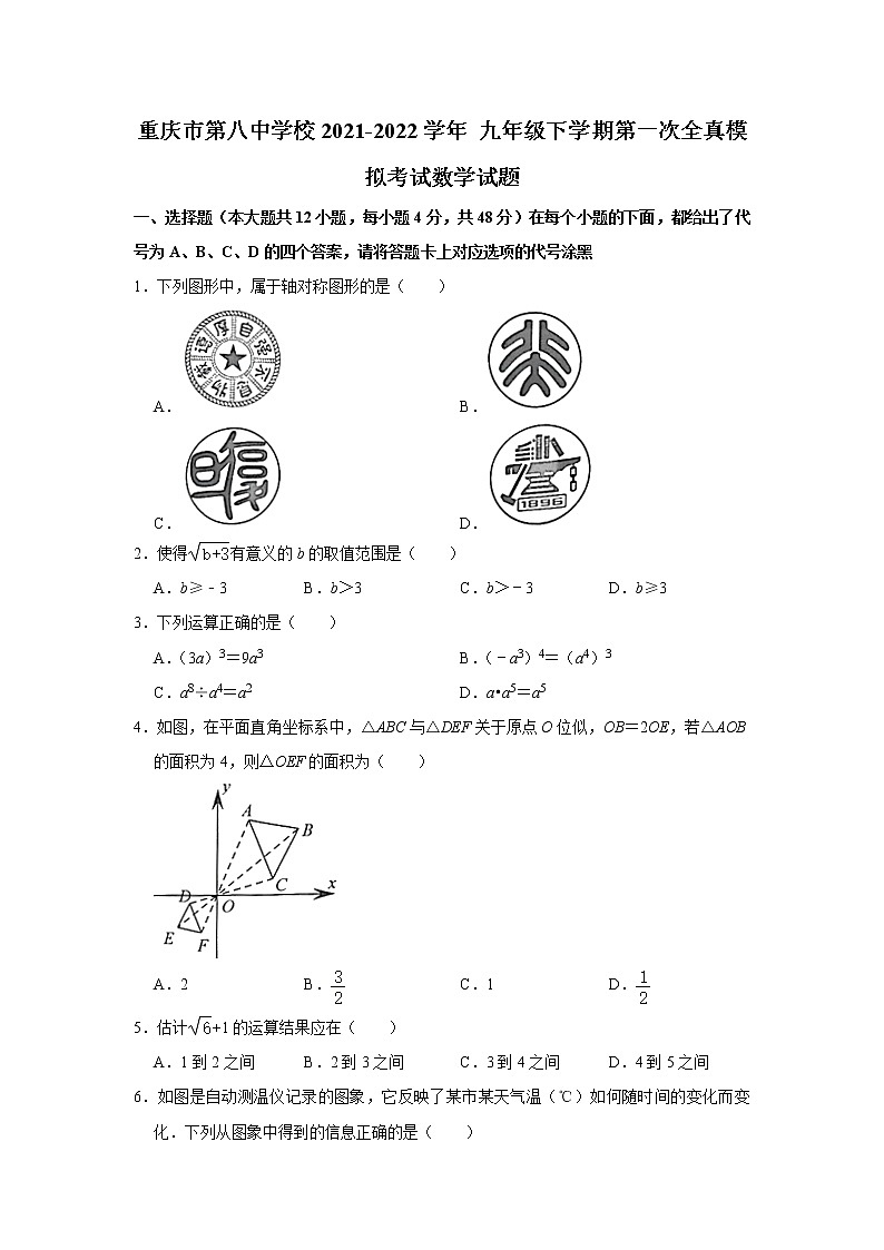 2022年重庆市第八中学校九年级下学期第一次全真模拟考试数学试题(word版无答案)第1页