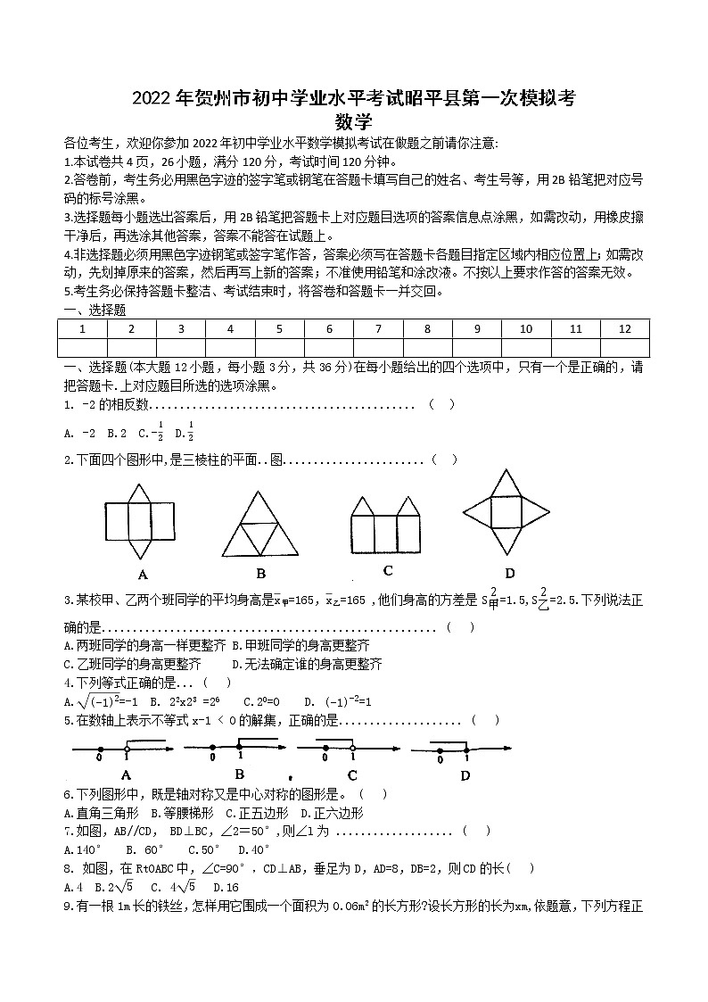 2022年广西贺州市中考昭平县一模数学练习题01