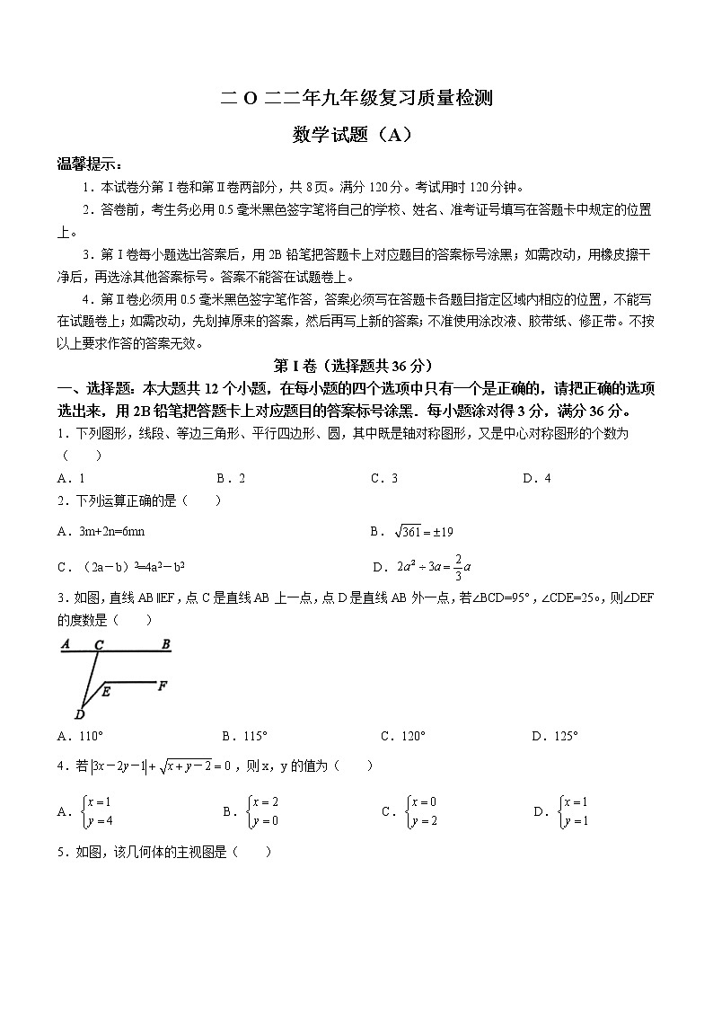 2022年山东省滨州市滨城区中考一模数学试题第1页