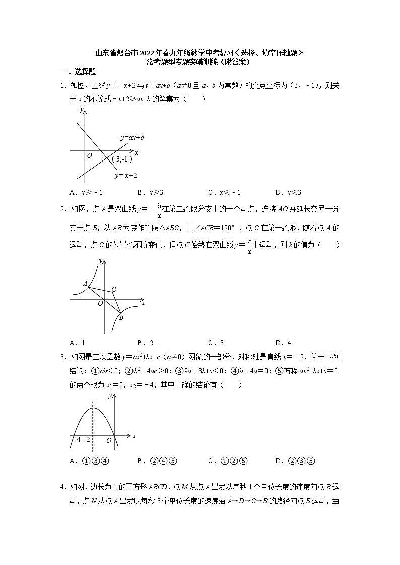 山东省烟台市2022年九年级数学中考复习+选择、填空压轴题+常考题型专题突破训练第1页
