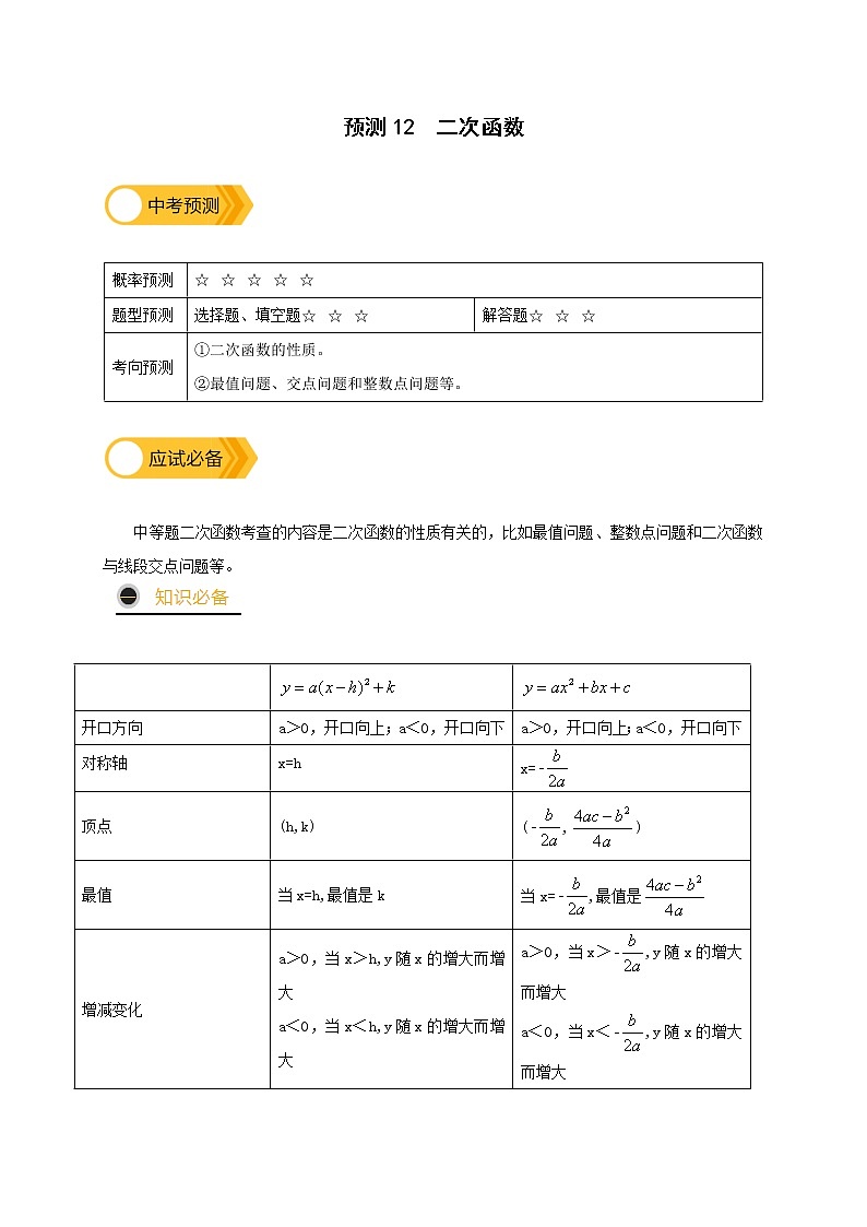 预测12 【精品】二次函数-2022年中考数学三轮冲刺过关（全国通用）01