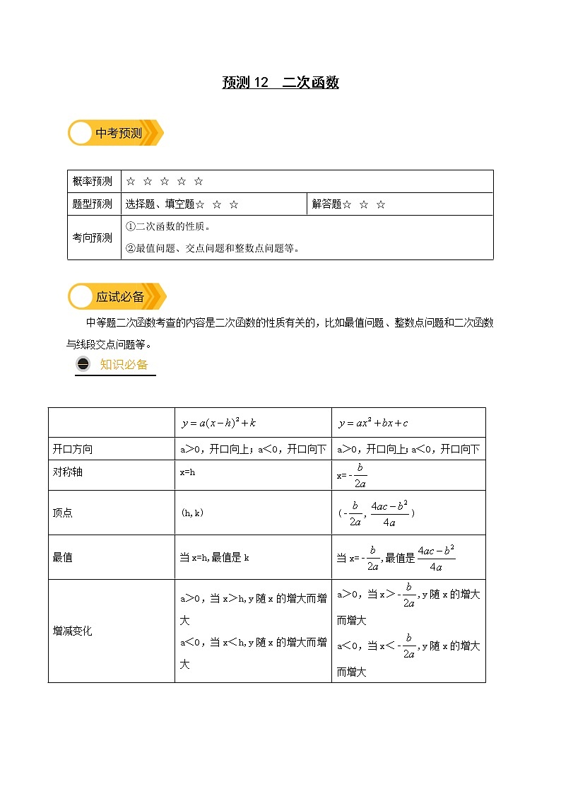 预测12 【精品】二次函数-2022年中考数学三轮冲刺过关（全国通用）01