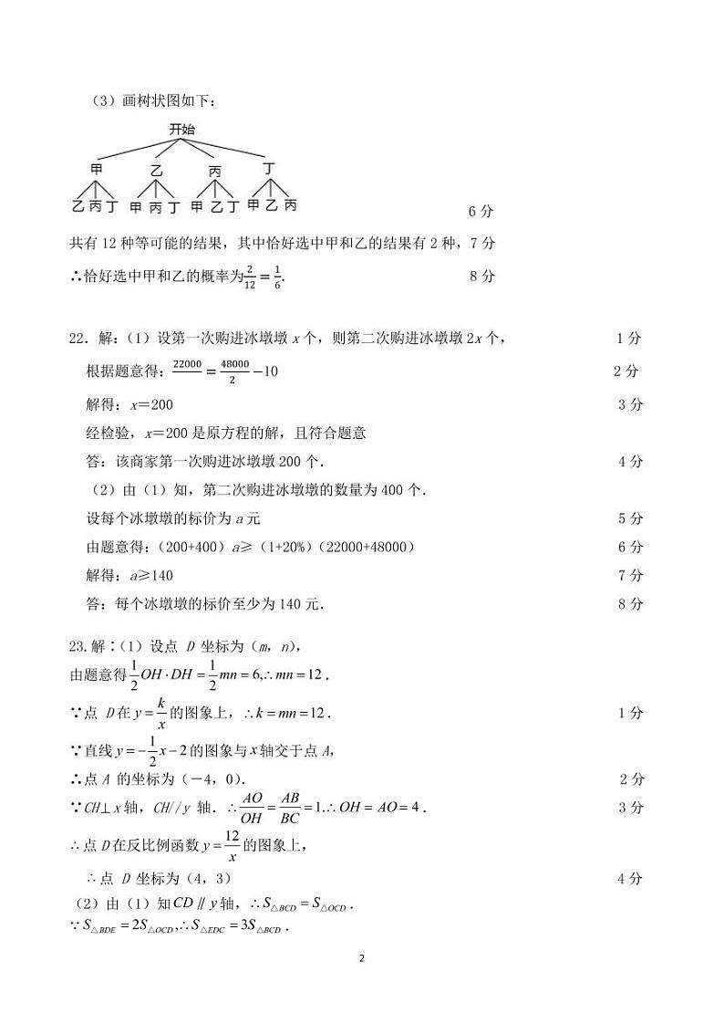 2022年九年级一模数学试题参考答案第2页