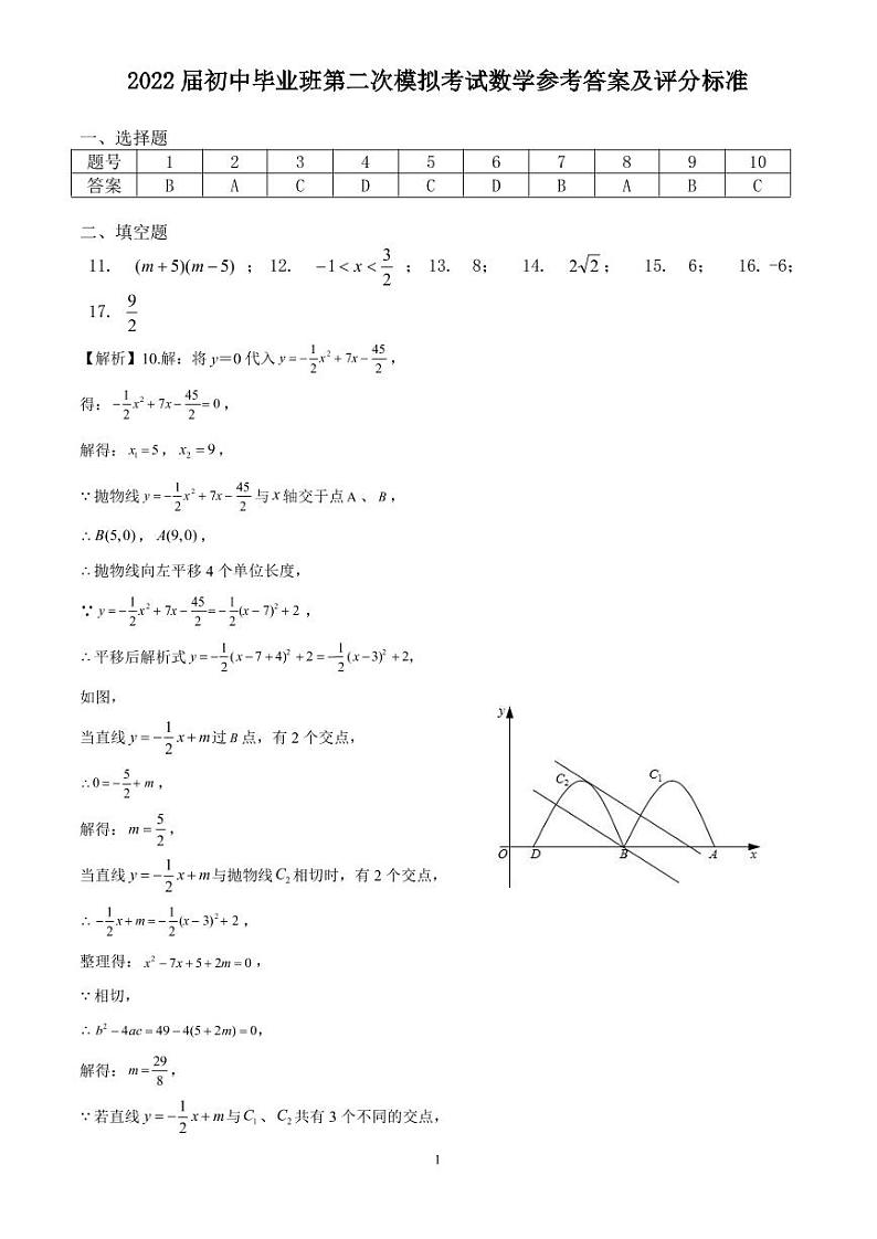 2022届初中毕业班第二次模拟考试数学参考答案及评分标准第1页
