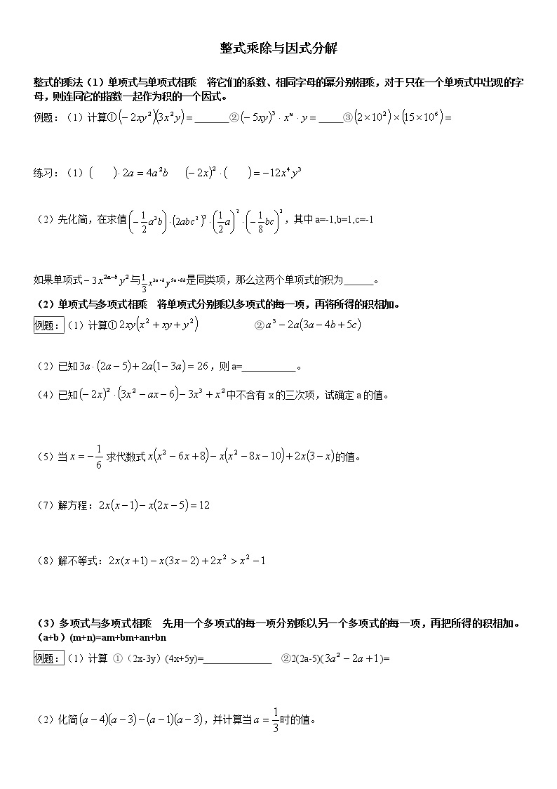 第九章  整式乘法与因式分解-无答案学案01