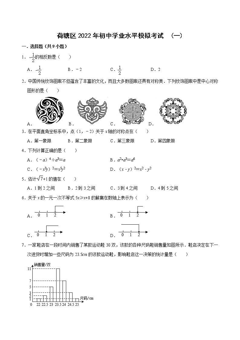 湖南省株洲市荷塘区2022年九年级下学期学业水平模拟（一）数学试题(word版含答案)01