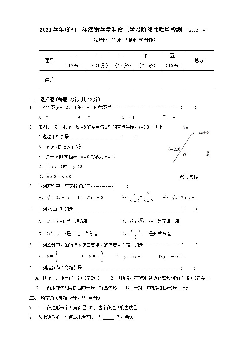 上海市复旦大学第二附属学校2021-2022学年八年级下学期期中考试数学试卷（无答案）第1页