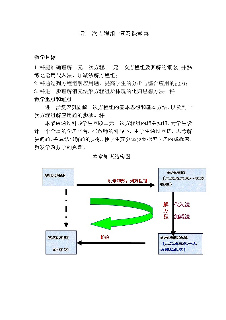 冀教版七年级下册数学 6.6二元一次方程组 复习题 教案第1页