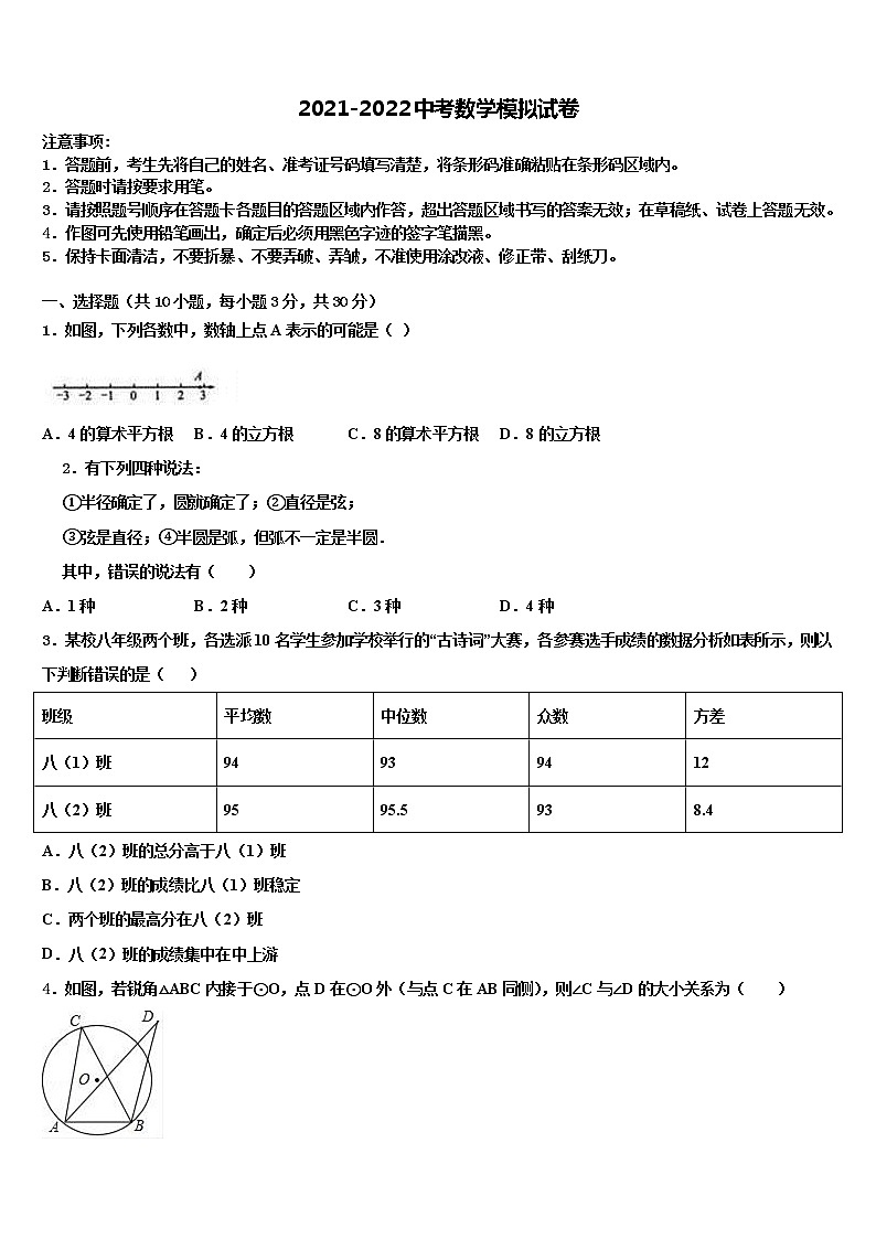 2021-2022学年内蒙古呼和浩特回民中学毕业升学考试模拟卷数学卷含解析01