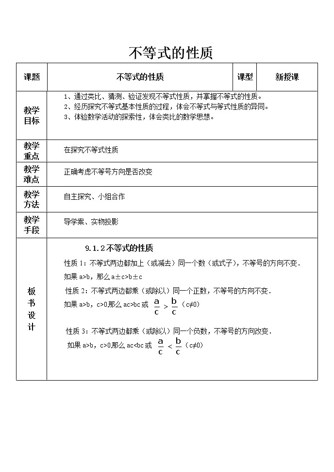2022年人教版七年级数学下册第9章第1节第2部分不等式的性质教案 (4)第1页