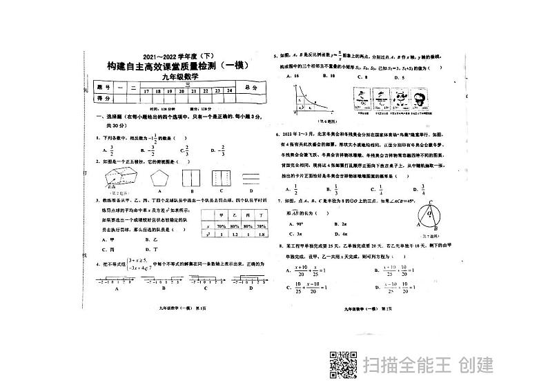 2022年辽宁省阜新市太平区九年级质量检测（一模）数学试题01