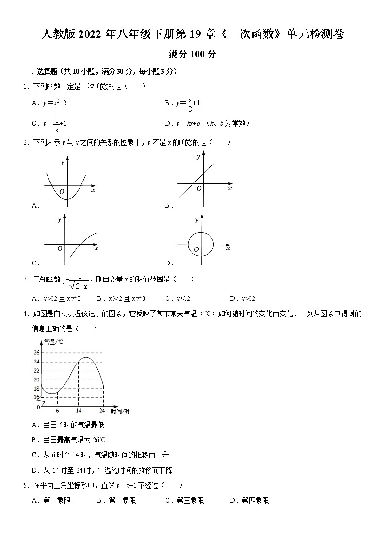 人教版2022年八年级下册第19章《一次函数》单元检测卷  word，含解析第1页