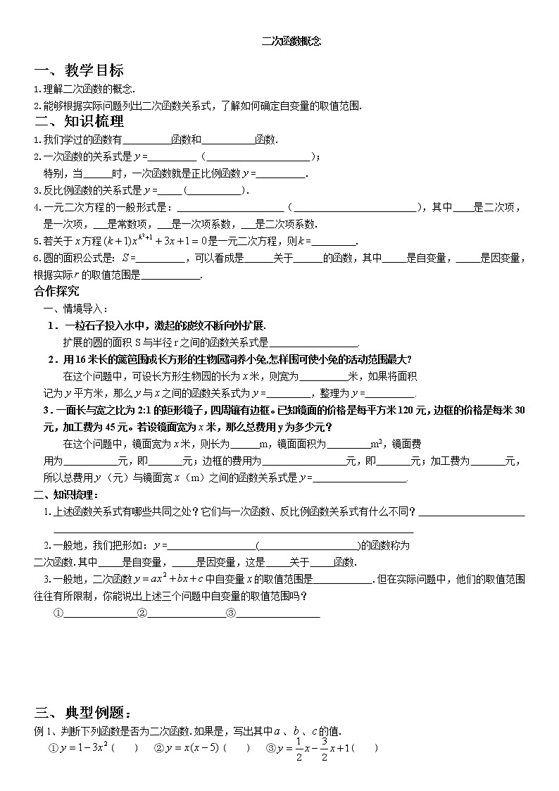 二次函数1二次函数学案-无答案01