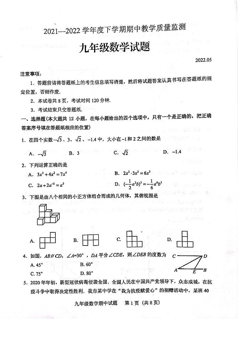 山东省泰安市肥城市2021-2022学年九年级下学期期中（一模）考试数学试题（含答案）第1页
