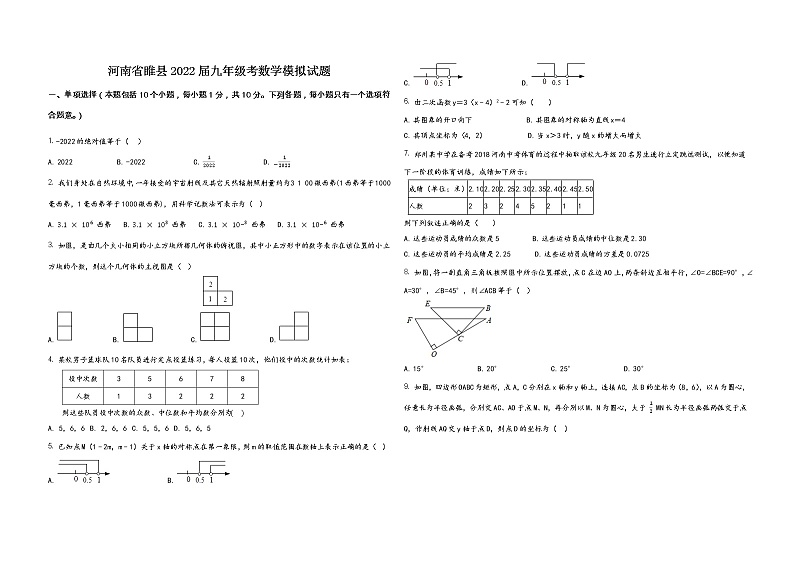 河南省睢县2022届九年级中考数学模拟试题  word，含答案第1页
