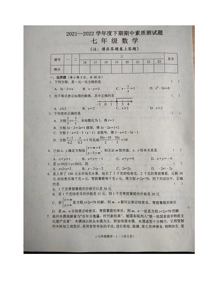 河南省驻马店市泌阳县2021-2022学年度下期期中素质测试题七年级数学（含答案）01