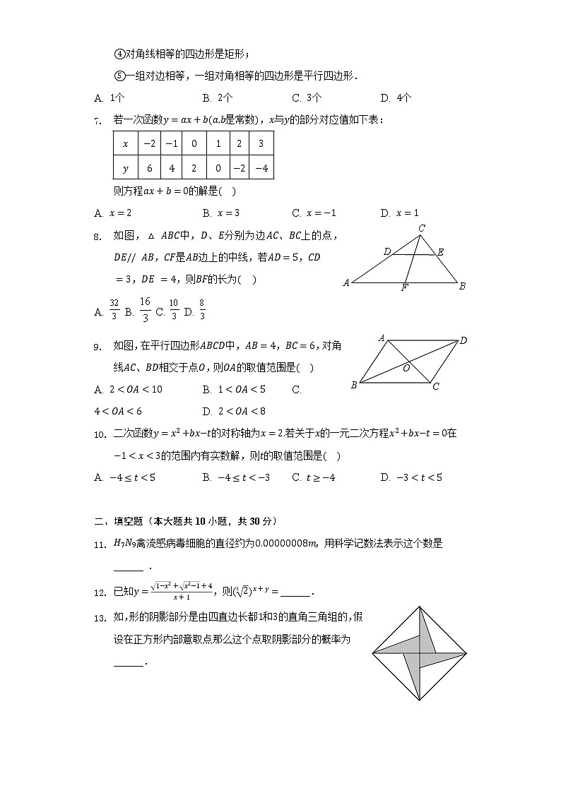 2022年内蒙古包头市中考数学诊断测试试卷(word版含答案)02