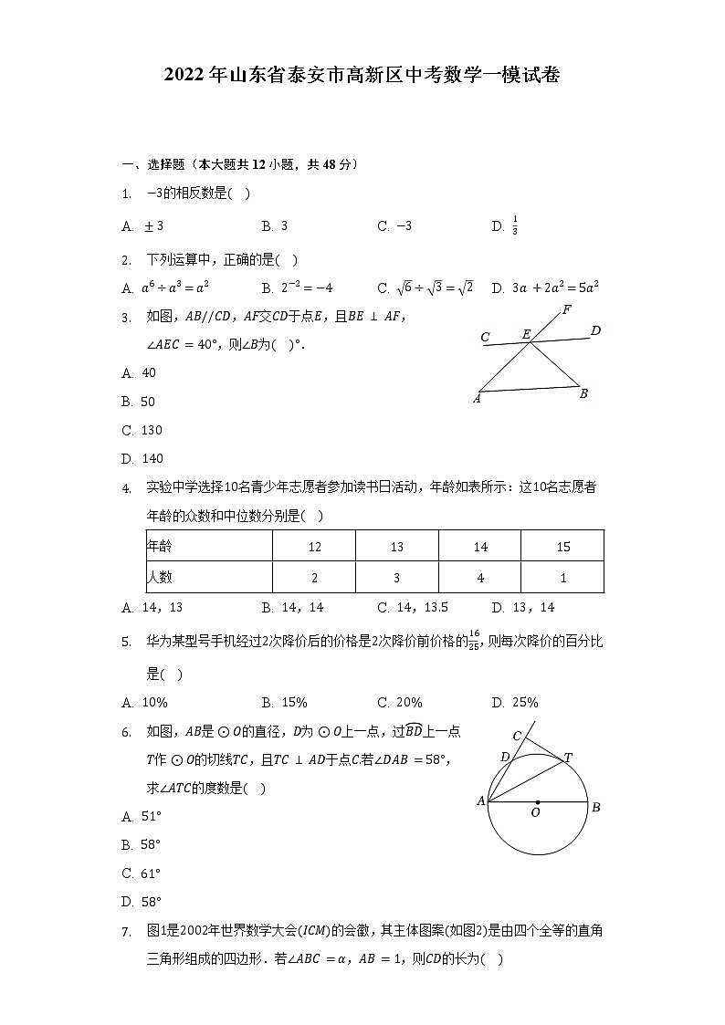 2022年山东省泰安市高新区中考数学一模试卷（含解析）01