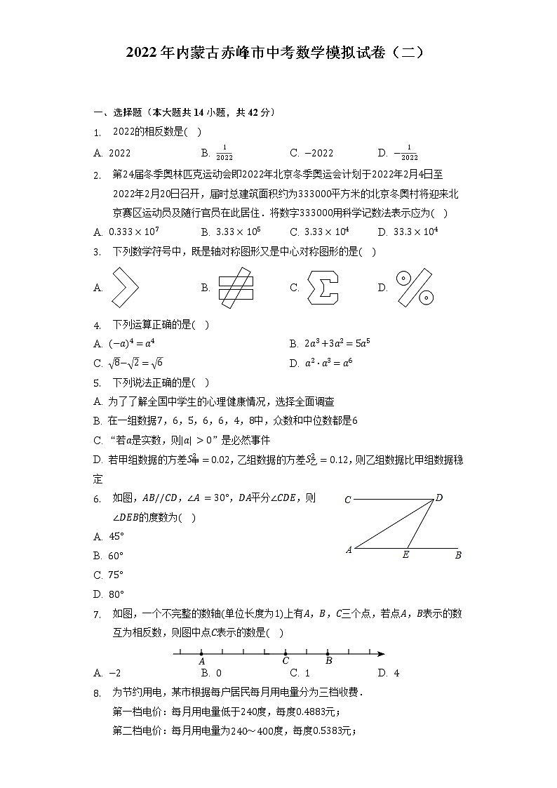 2022年内蒙古赤峰市中考数学模拟试卷（二）（含解析）01
