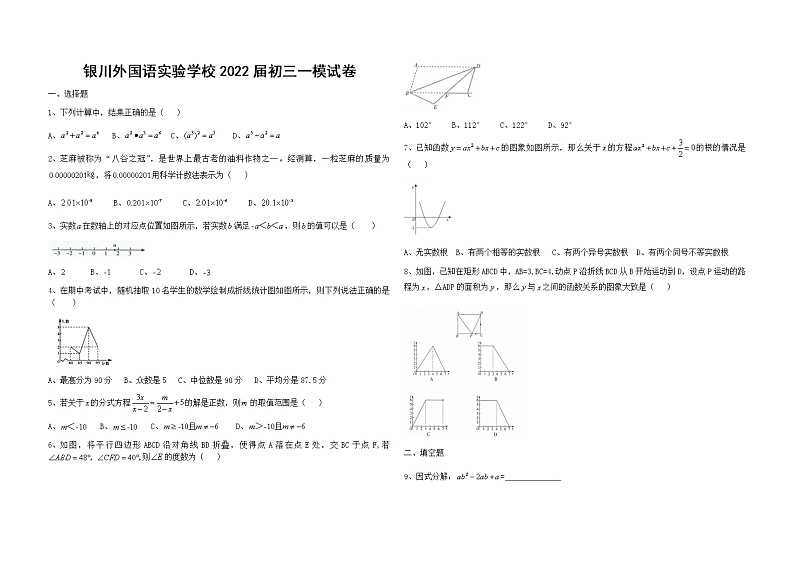 宁夏银川外国语实验学校2022年九年级中考数学一模试卷(word版无答案)01