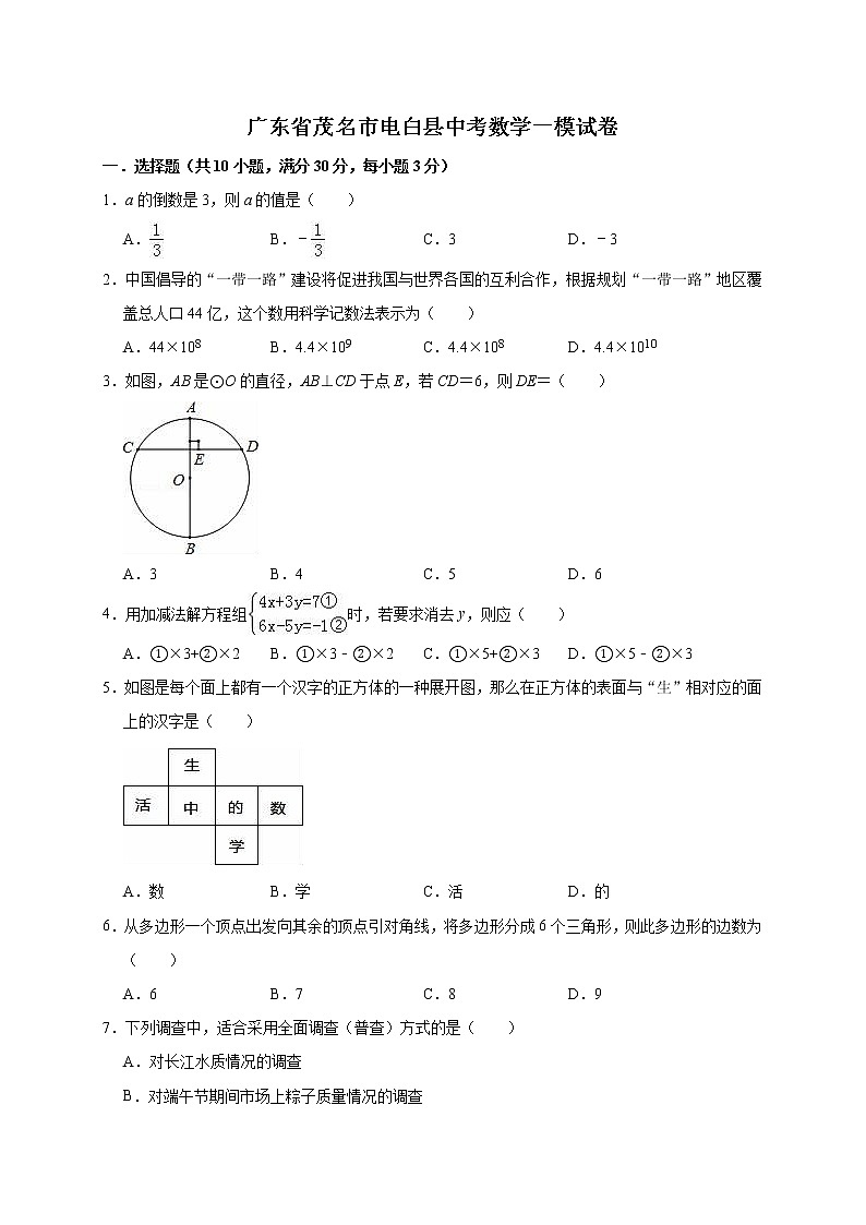 2022年广东省茂名市电白县中考数学一模试卷（含答案解析）01