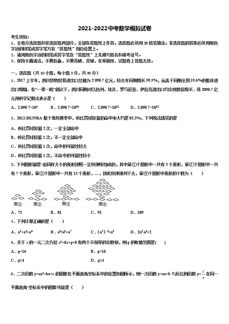 山东省青岛市黄岛六中学2021-2022学年中考一模数学试题含解析01