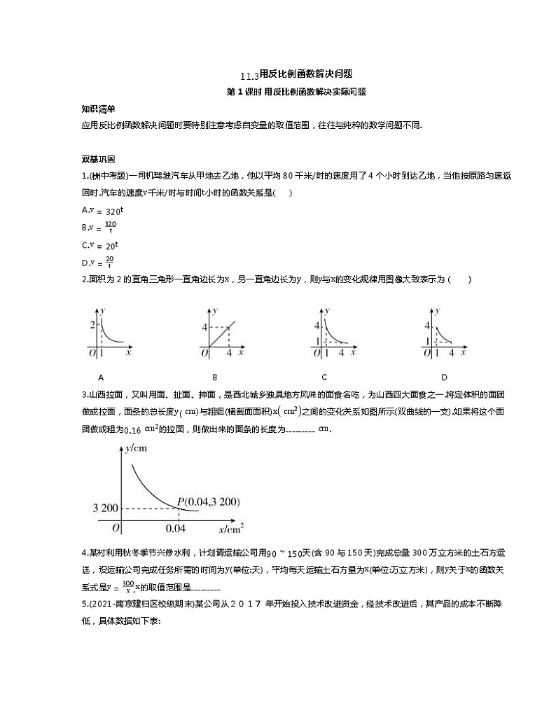 苏教版初二数学下册 第11章 反比例函数 11.3 用反比例函数解决问题（含答案解析）01