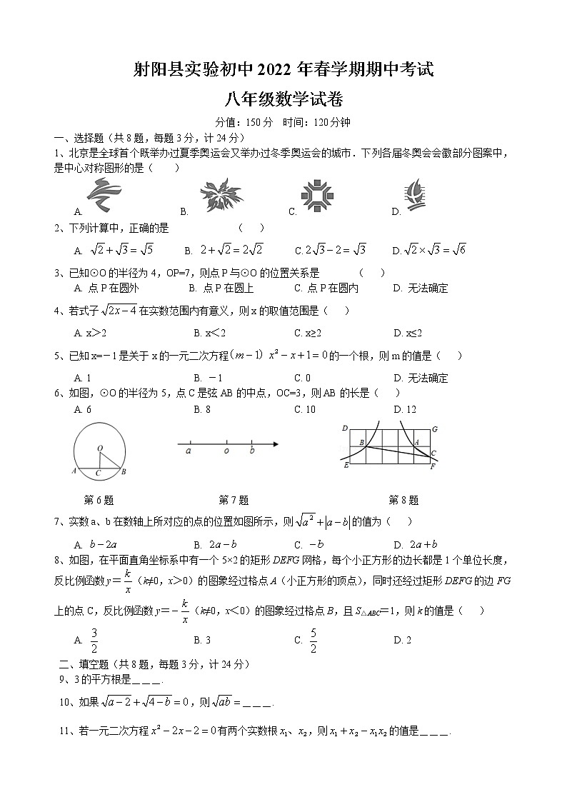 江苏省盐城市射阳县实验初级中学2021-2022学年八年级下学期期中考试数学试卷（含答案）第1页
