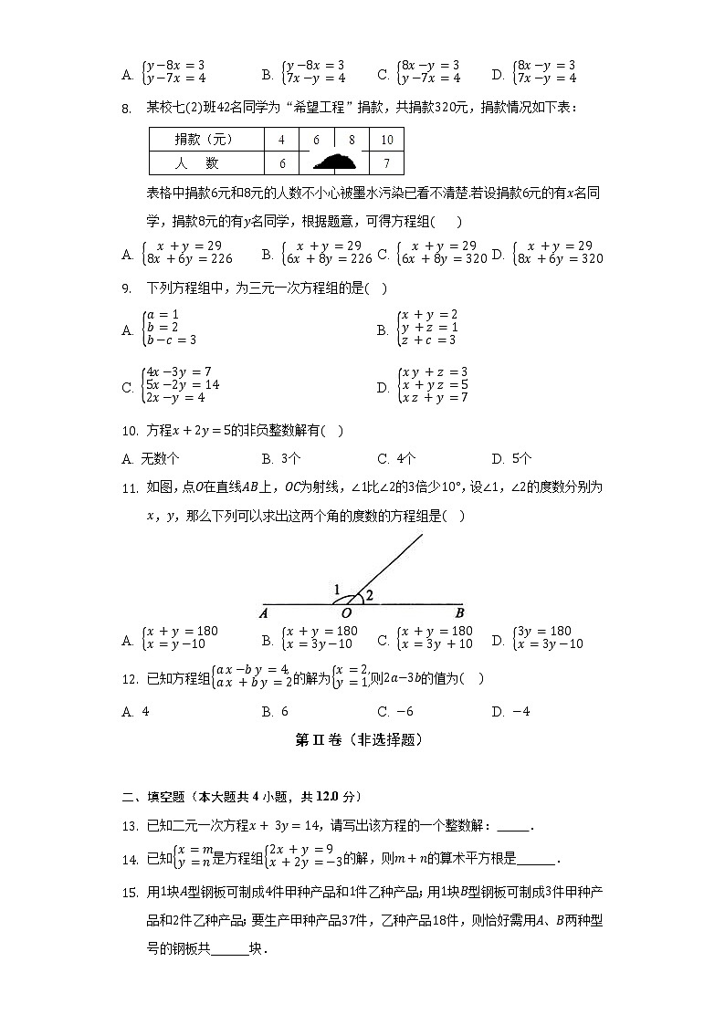 人教版初中数学七年级下册第八单元《二元一次方程组》单元测试卷（较易）（含答案解析）第2页