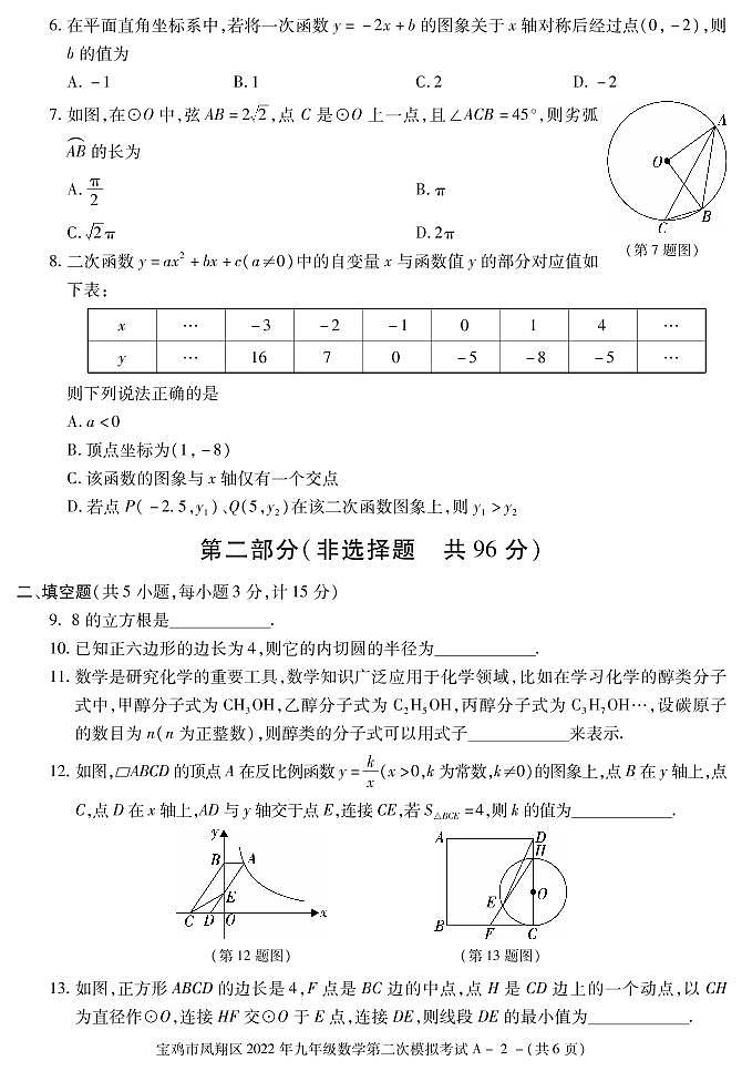 2022年陕西省宝鸡市凤翔区九年级第二次模拟数学试题第2页