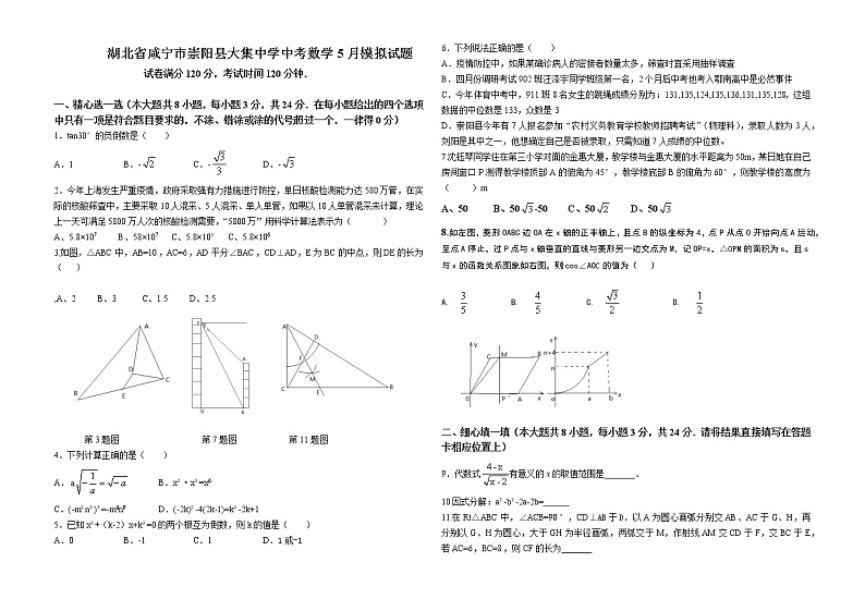 2022年湖北省咸宁市崇阳县大集中学5月中考模拟数学试题(word版无答案)第1页
