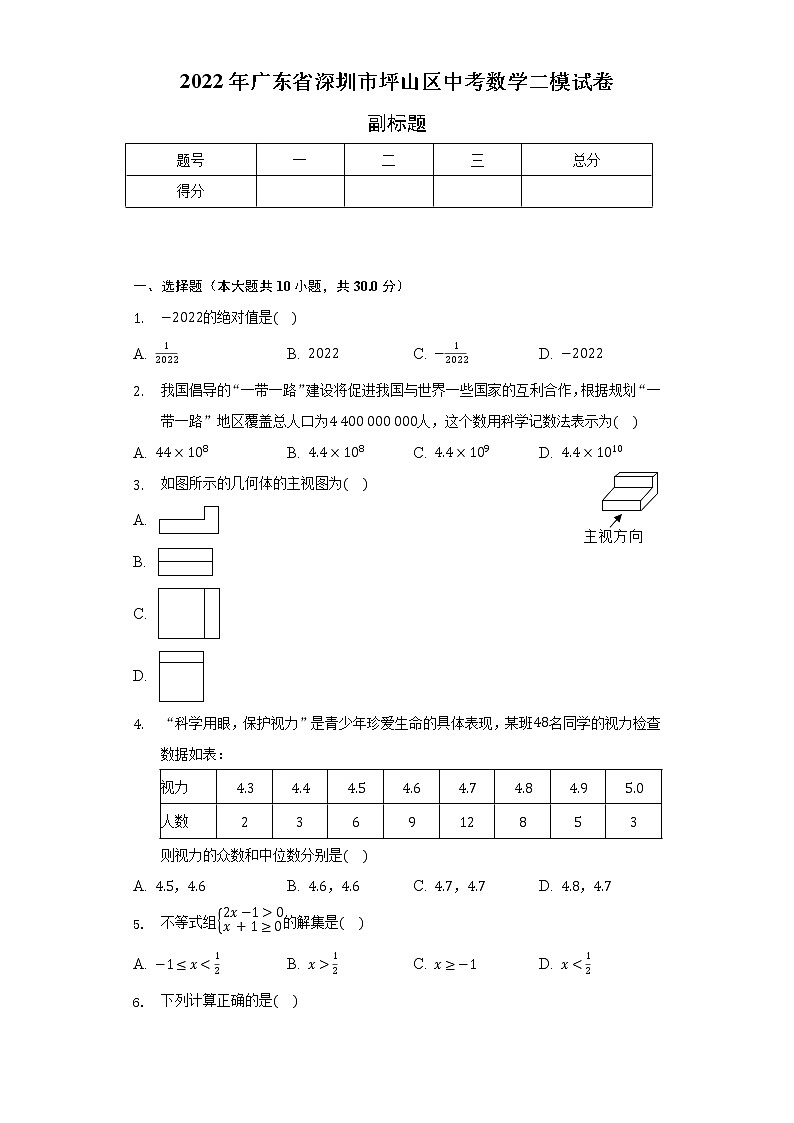 2022年广东省深圳市坪山区中考数学二模试卷（含解析）第1页