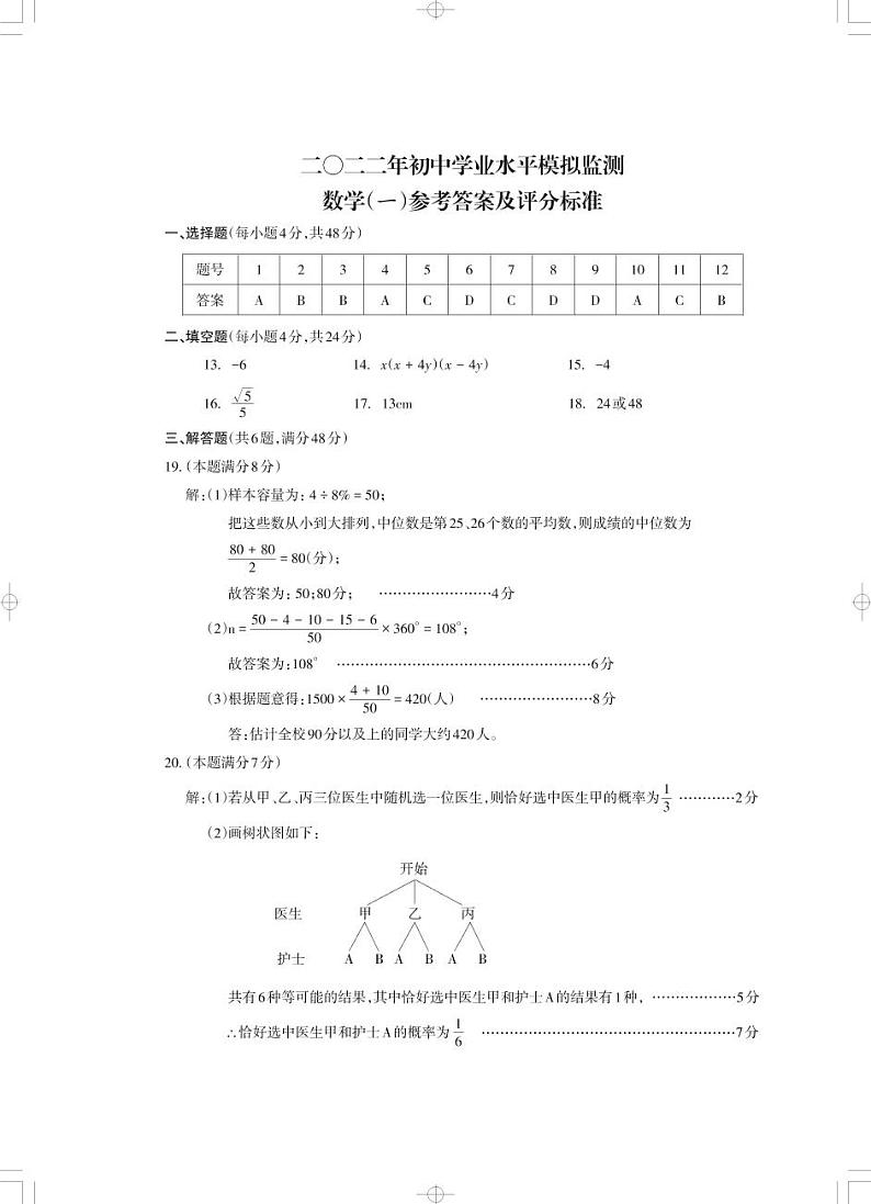 2022年云南省昭通市昭阳区初中学业水平模拟监测数学试卷(一)（含答案）01