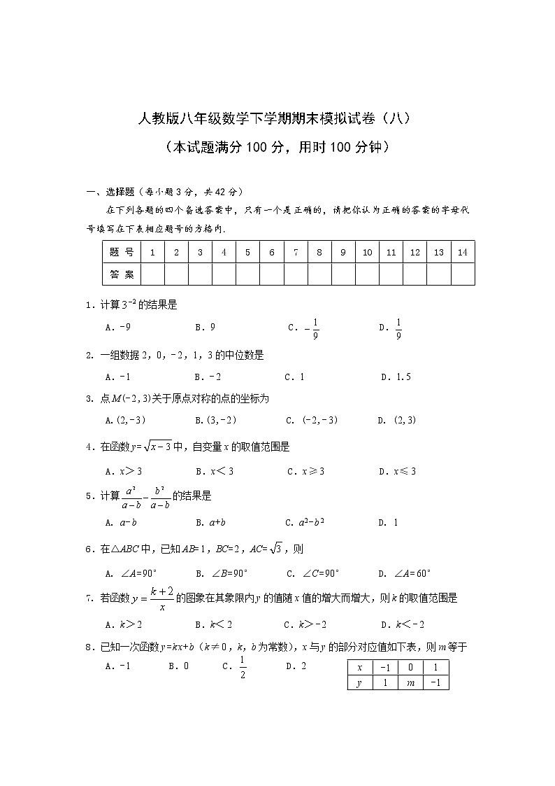 2022年人教版八年级数学下学期期末复习模拟试卷+答案  (八)01