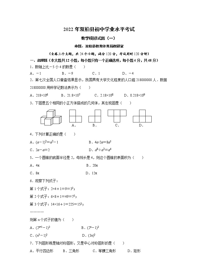 2022年云南省双柏县初中学业水平考试数学模拟试题（一）(word版含答案)01