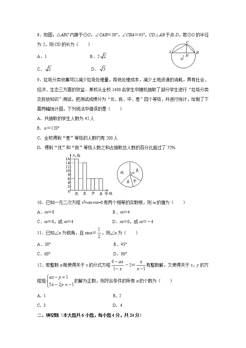 2022年云南省双柏县初中学业水平考试数学模拟试题（一）(word版含答案)02