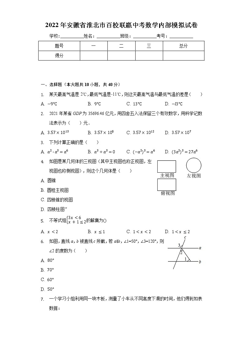 2022年安徽省淮北市百校联赢中考数学内部模拟试卷(word版含答案)01