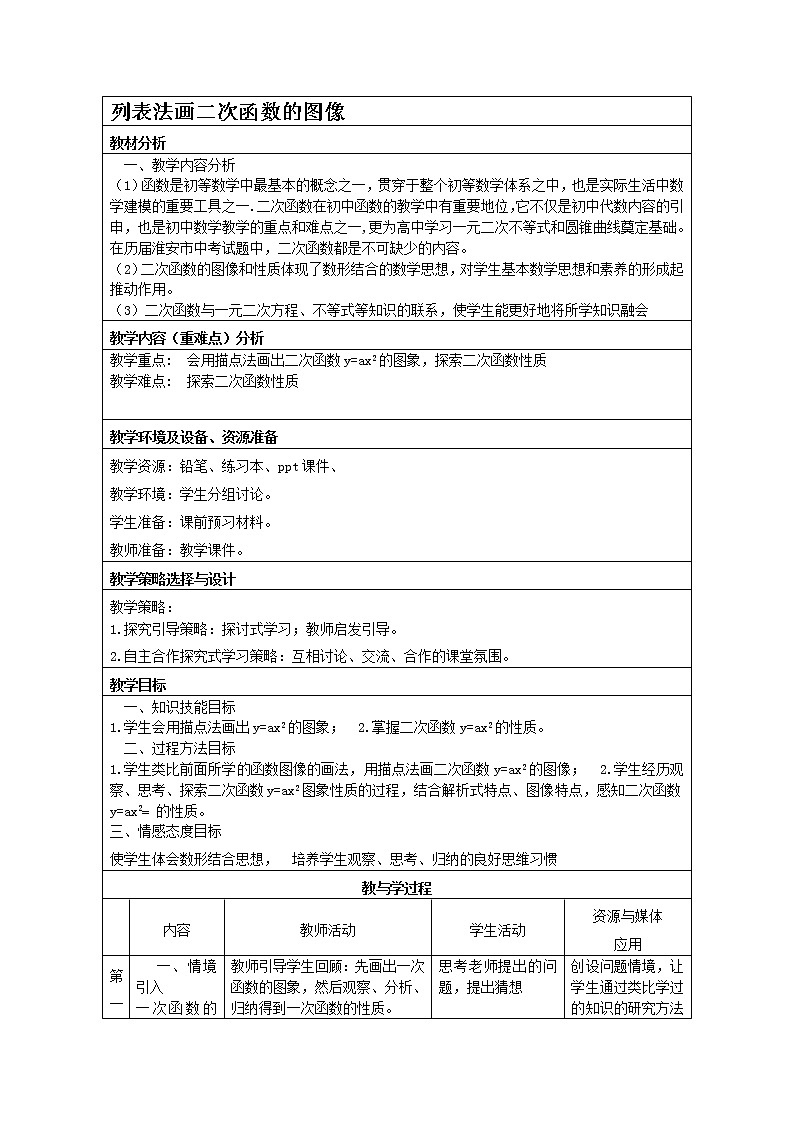 苏科版九下数学 5.2.1列表法画二次函数的图像 教案01