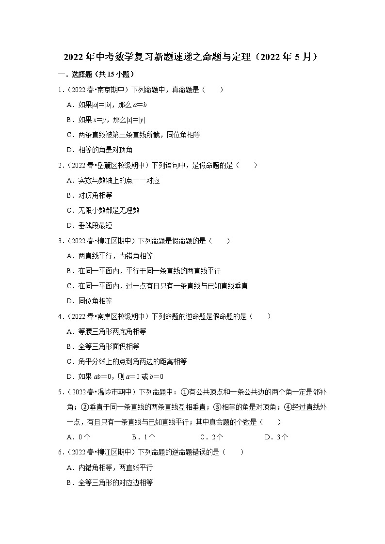 2022年中考数学复习训练题（含解析）----命题与定理第1页