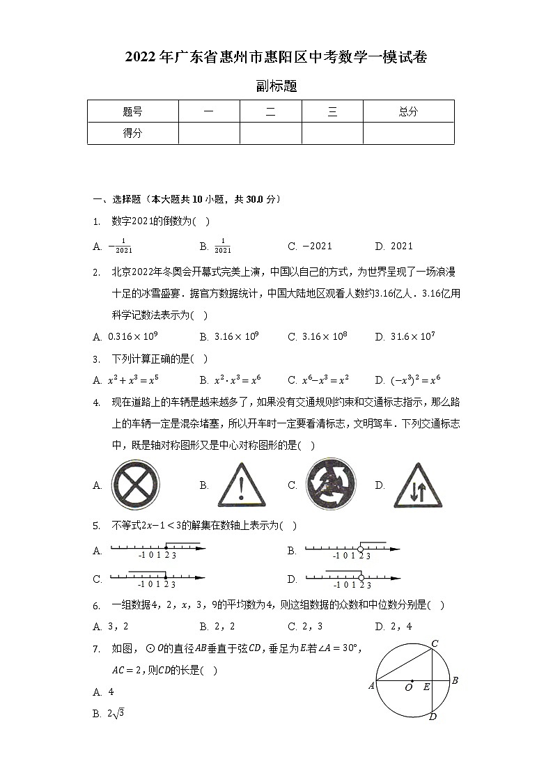 2022年广东省惠州市惠阳区中考数学一模试卷（含解析）01