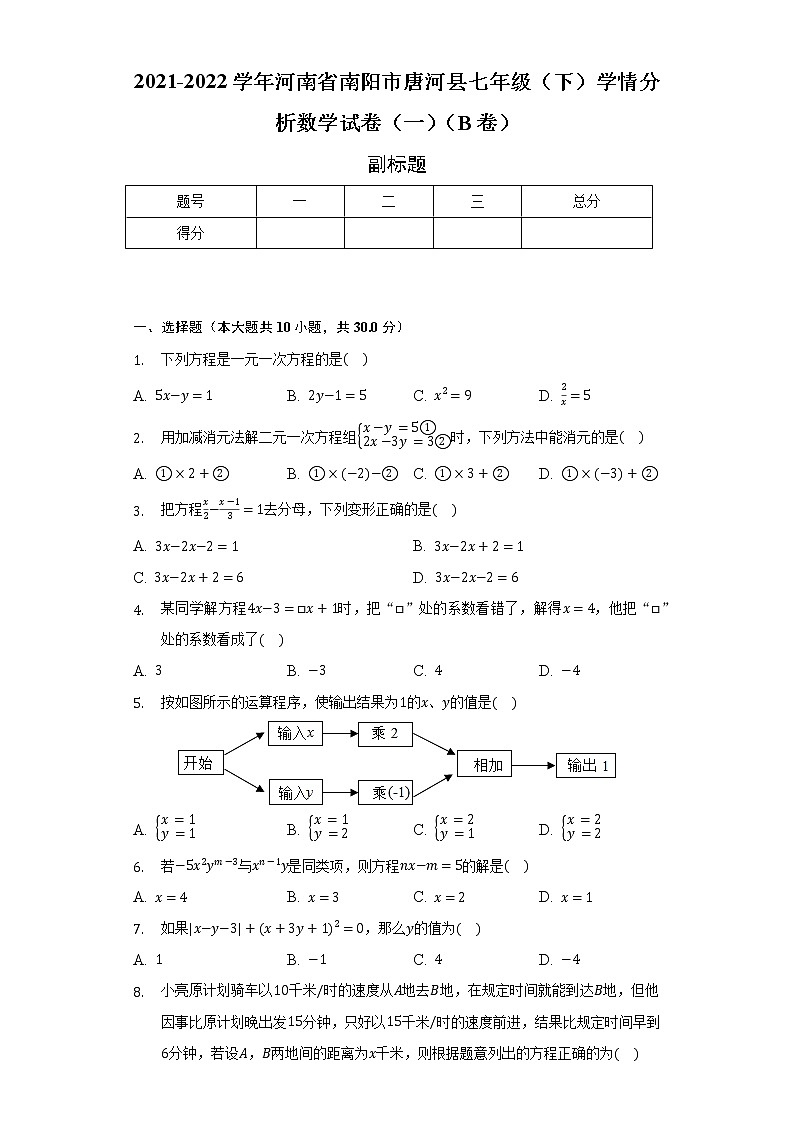 2021-2022学年河南省南阳市唐河县七年级（下）学情分析数学试卷（一）（B卷）（含解析）第1页