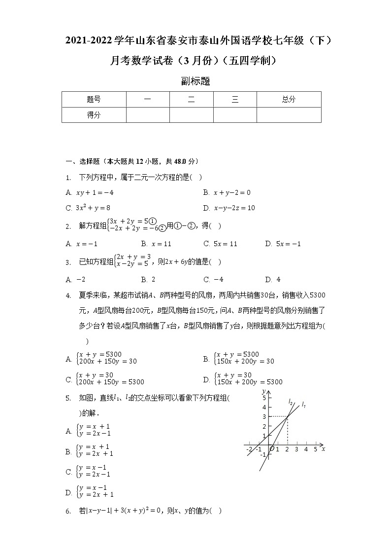 2021-2022学年山东省泰安市泰山外国语学校七年级（下）月考数学试卷（3月份）（五四学制）（含解析）01