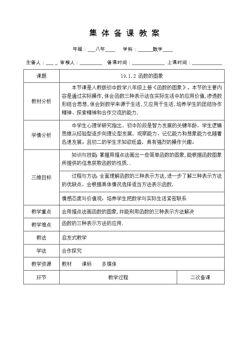 19.1.2 函数的图象 教案（表格式）01