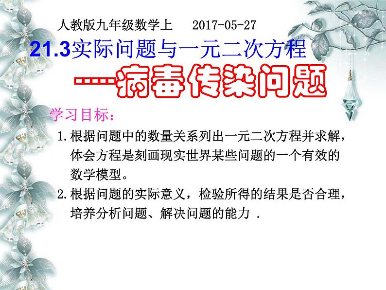 人教版数学九年级上册 21.3 实际问题与一元二次方程-病毒传染问题 课件(共15张PPT)第1页