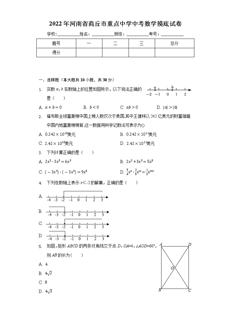 2022年河南省商丘市重点中学中考数学摸底试卷(word版含答案)第1页
