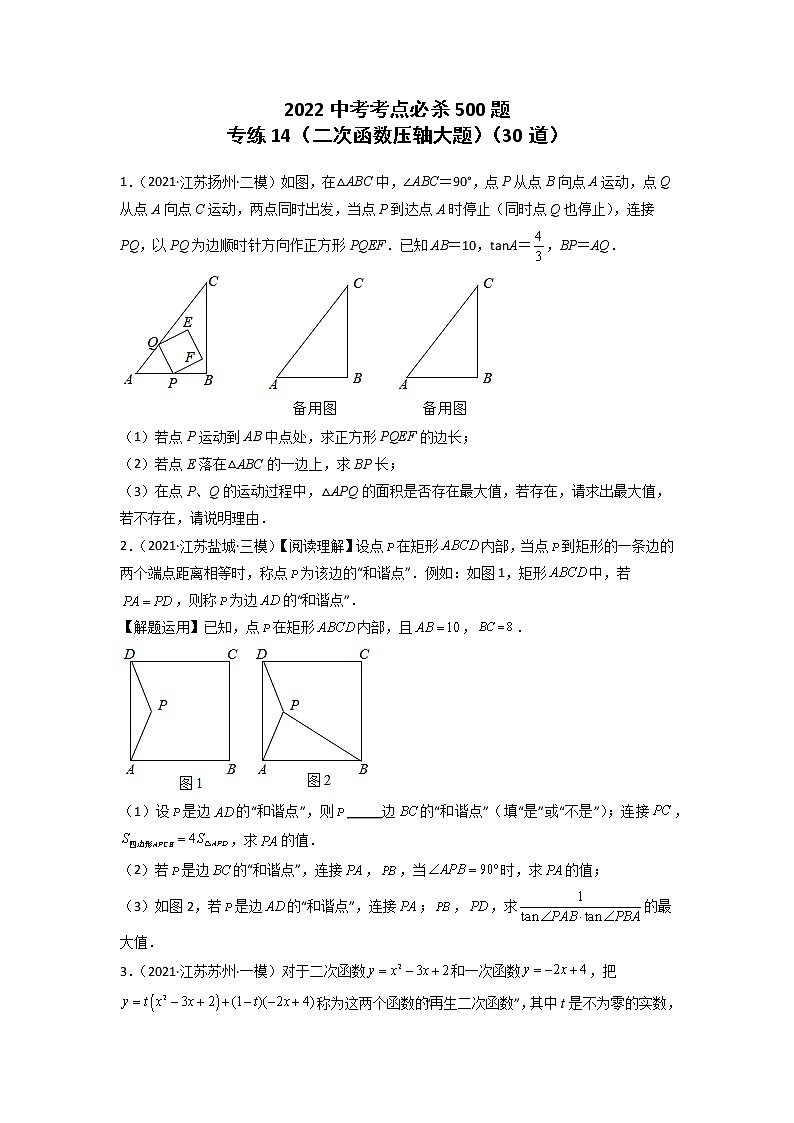 专练14-30题（二次函数压轴大题）2022中考数学考点必杀500题（江苏专用）（原卷版）第1页