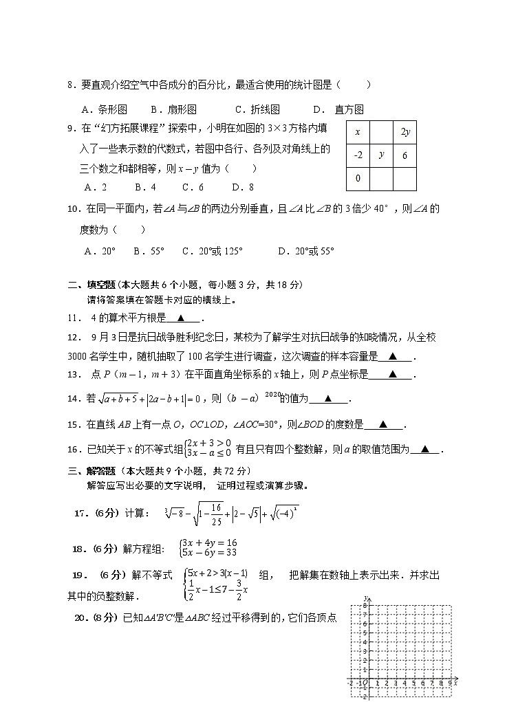 营山县2019-2020学年度下期期末教学质量监测七年级数学第2页