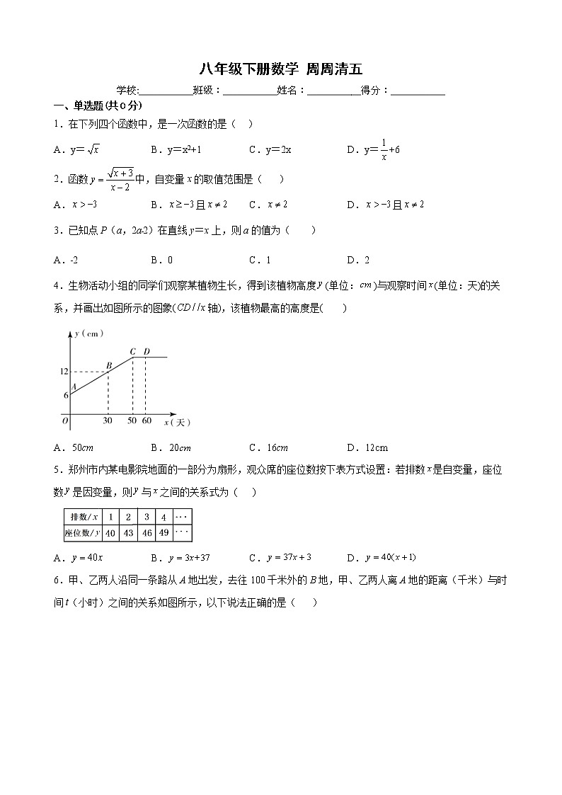 八年级下册数学周周清五（1）-解析版 试卷01