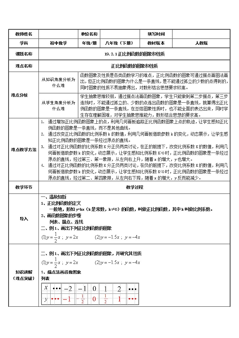 19.2.1 正比例函数 教案（表格式） (1)01